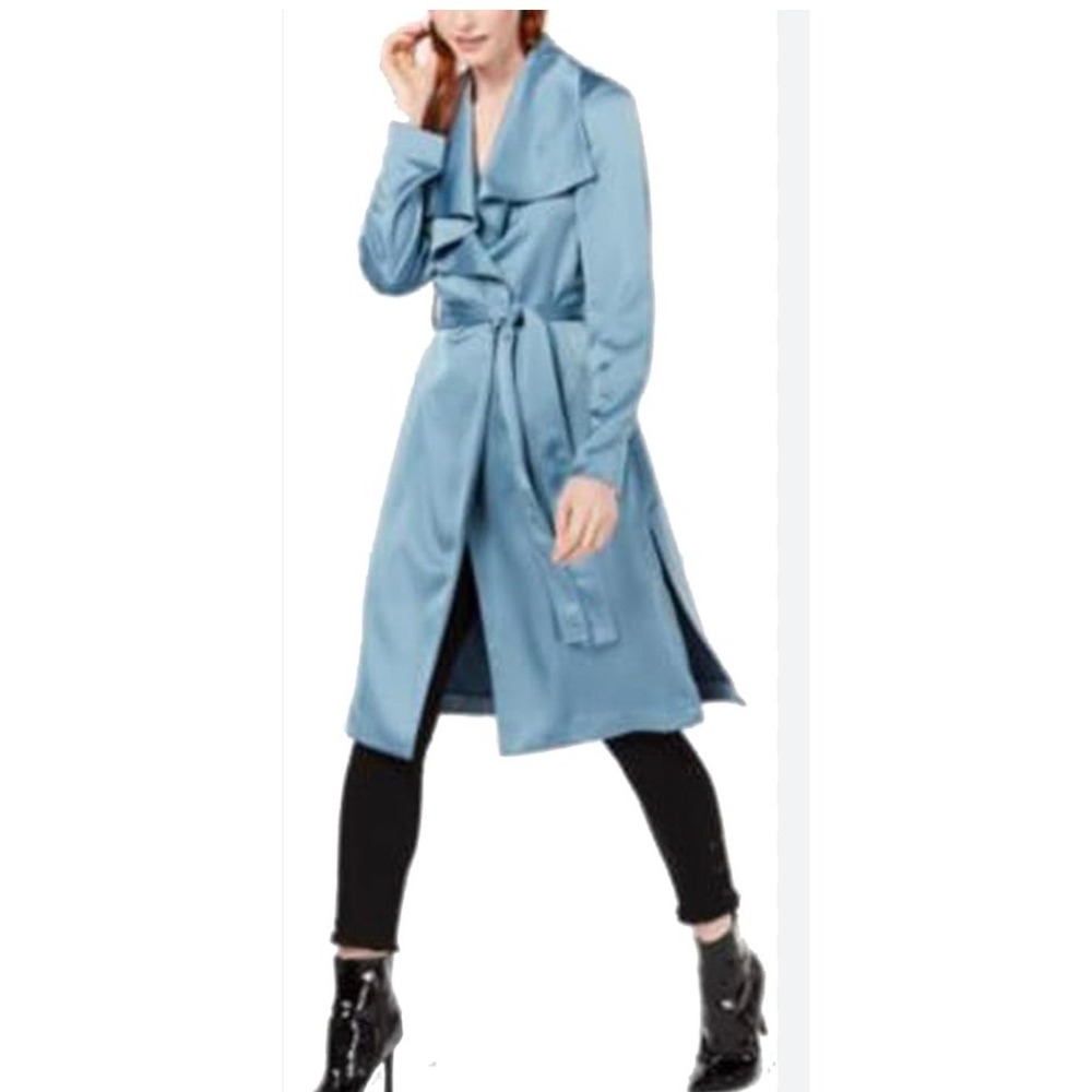 NWT Bar III Blue Satin Trench Coat W/ Belt Mod Femme Size M